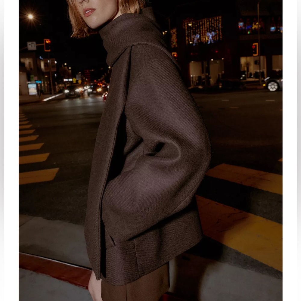 Zara NWT brown wool blend jacket coat with scarf - Picture 6 of 14